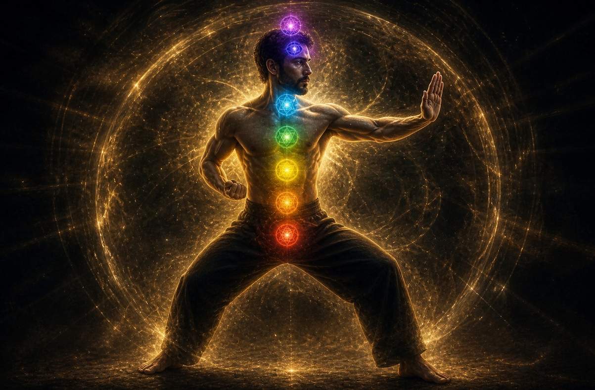 Human figure with transparent golden auric field showing seven glowing energy centres along spine