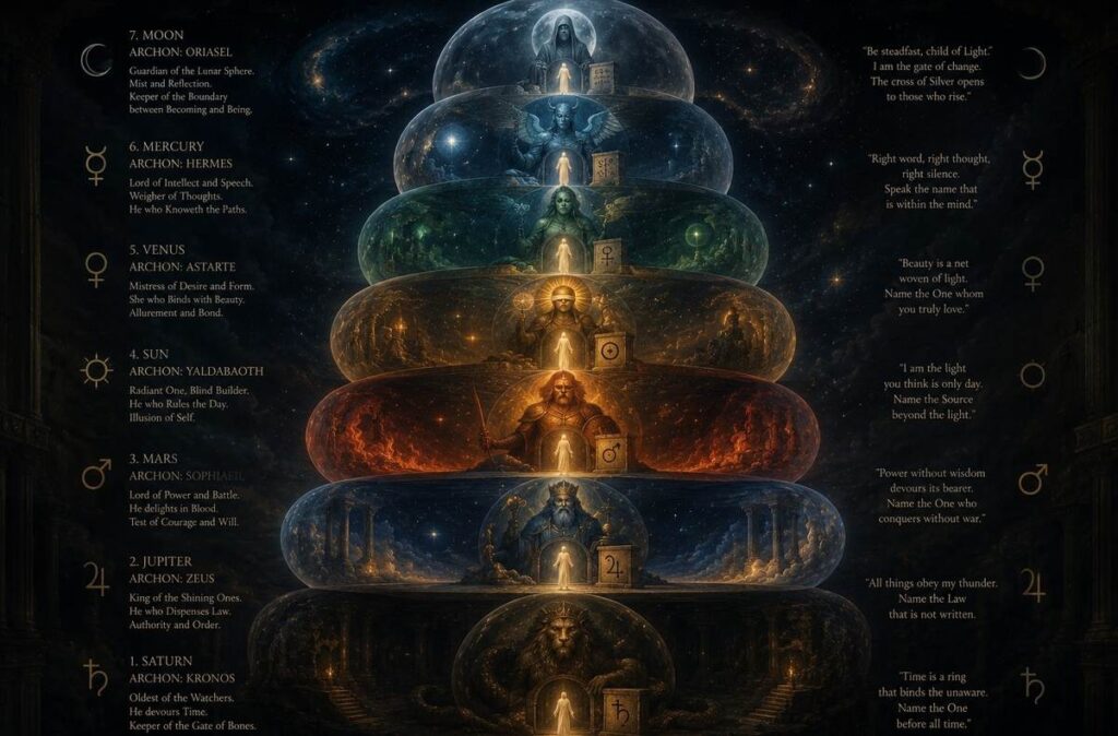 Seven concentric planetary spheres with archons inside each, and a luminous soul holding password tablets at each threshold.