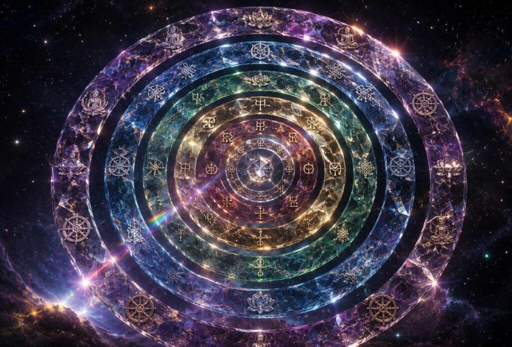 Seven concentric crystalline rings floating in deep space with mixed Gnostic and Buddhist symbolism