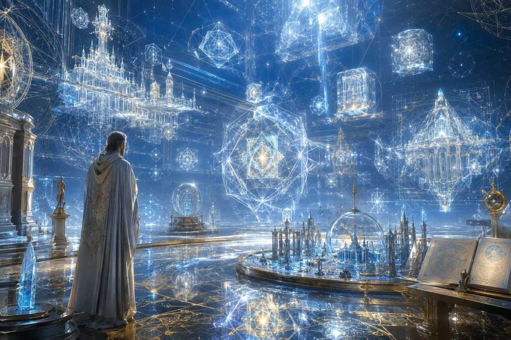 A meditator with seven layers of subtle bodies ascending from physical form into cosmic consciousness