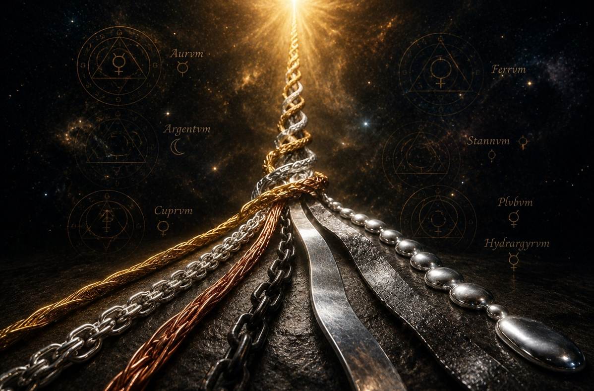 Seven threads of different metals weaving together into a single cord ascending into light.