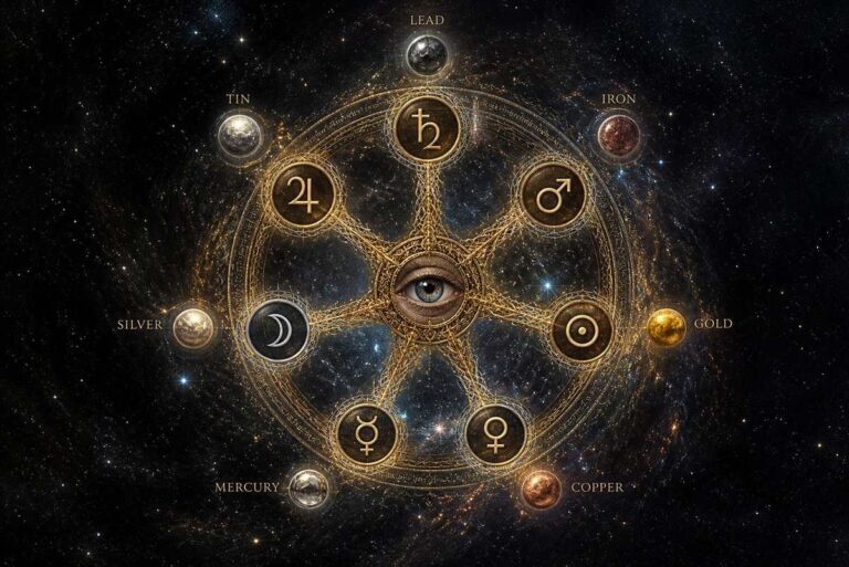 A cosmic seven-spoked wheel mandala with planetary symbols and seven metals floating in deep space.