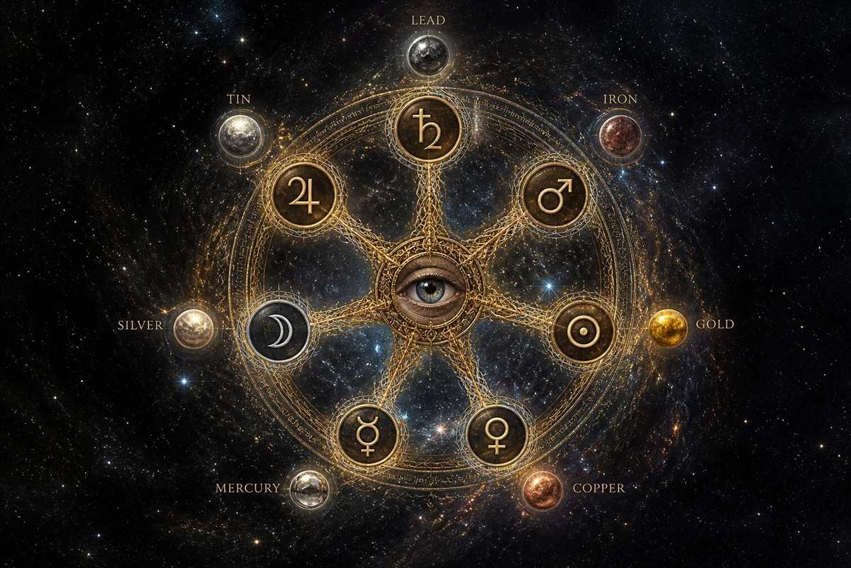 A cosmic seven-spoked wheel mandala with planetary symbols and seven metals floating in deep space.