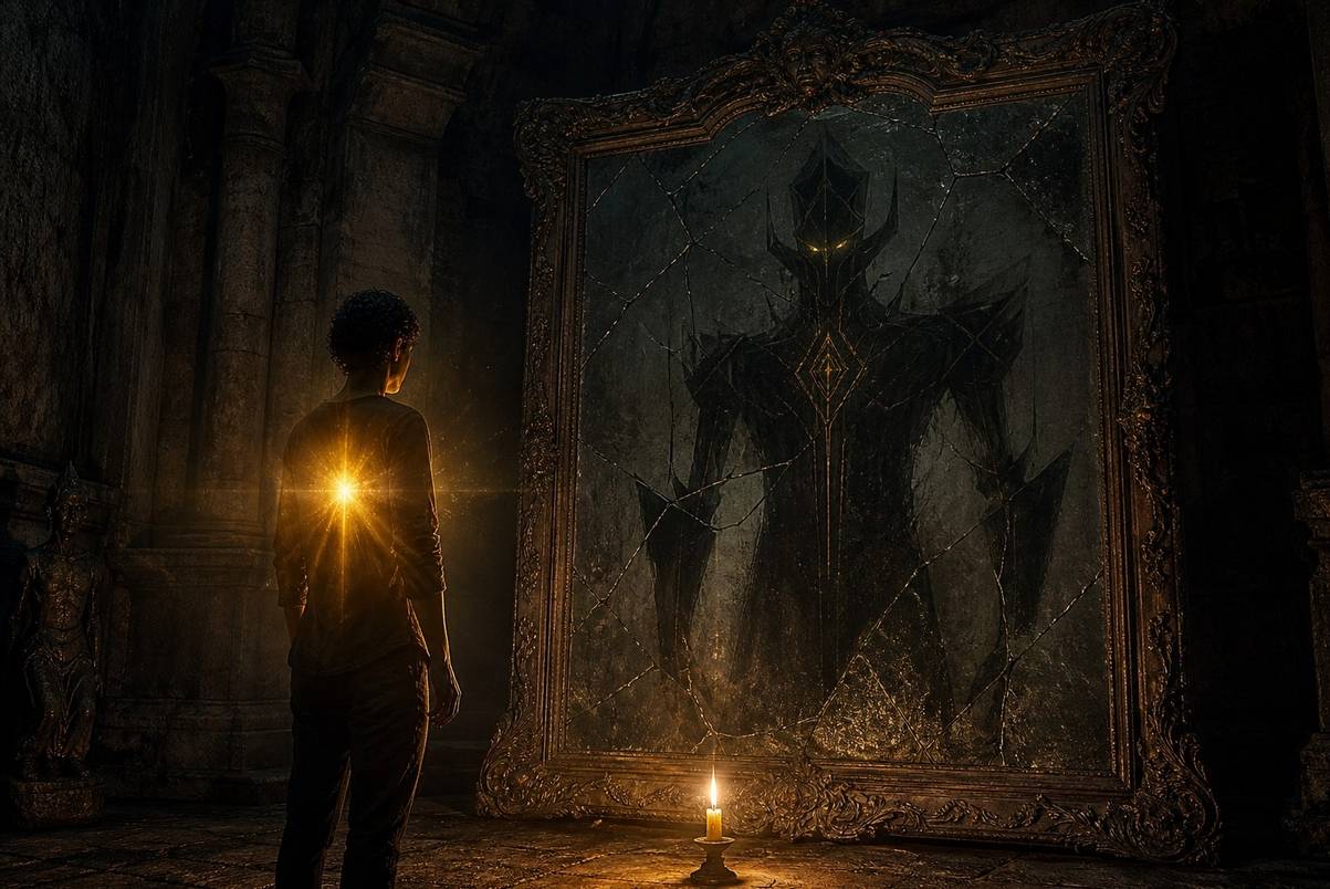 Figure before cracked mirror reflecting shadowy archonic entity while body emits golden heart light