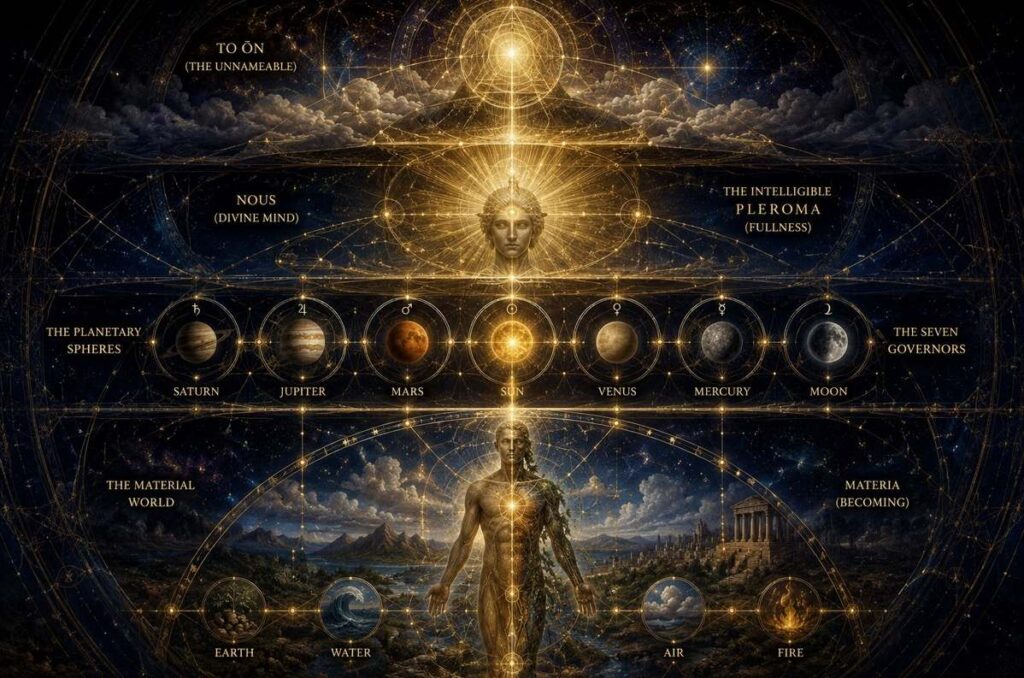 Cosmic mandala showing shared Hermetic-Gnostic hierarchy from transcendent source to material world