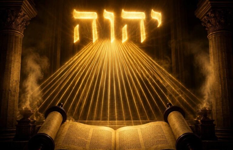 Hebrew Tetragrammaton YHVH floating in golden light above Torah scroll with 72 rays descending into ancient Temple