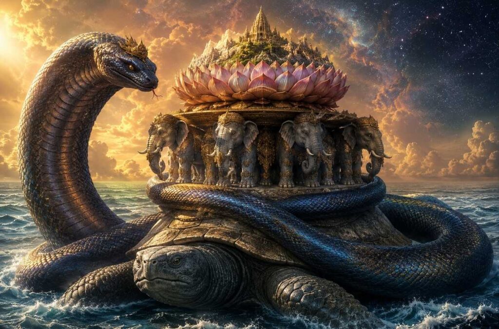 Hindu cosmic serpent Shesha encircling tortoise Kurma with world elephants