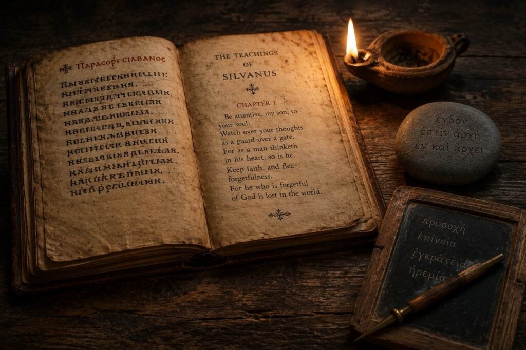 An ancient Coptic manuscript of the Teachings of Silvanus on a wooden desk with a Stoic meditation stone and olive oil lamp, representing the Stoic-influenced tractate.