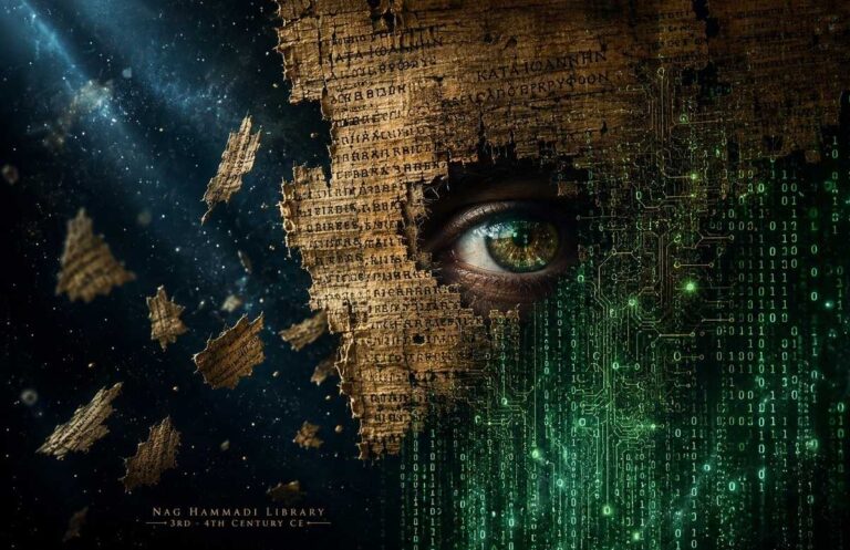 Ancient Nag Hammadi papyrus fragments dissolving into binary code with a human eye reflecting digital light, representing the intersection of ancient Gnosticism and modern simulation theory