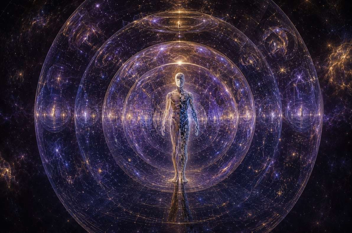 A figure standing at the centre of concentric transparent spheres each containing a smaller identical universe with digital grid lines