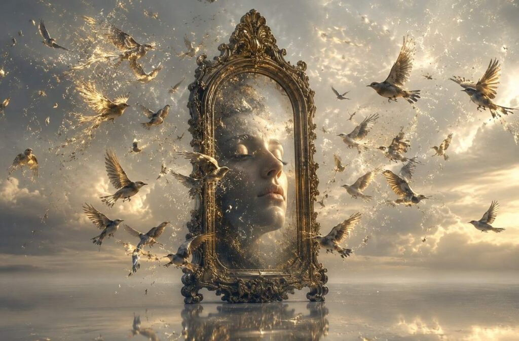 Antique mirror reflecting a human face surrounded by thirty birds in ethereal golden light