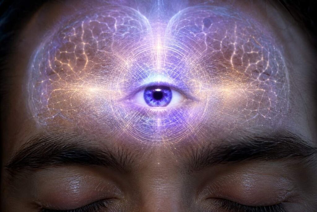 Human forehead with radiant indigo ajna chakra eye opening at centre merging brain and sacred geometry