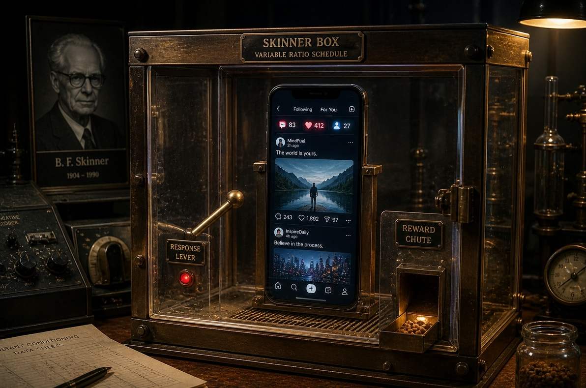 A modern smartphone embedded in a vintage Skinner box with levers and reward chutes, representing the translation of operant conditioning to digital platforms