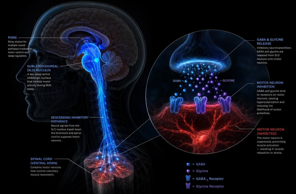 Semi-transparent brainstem view highlighting the SLD nucleus with neural pathways inhibiting motor neurons