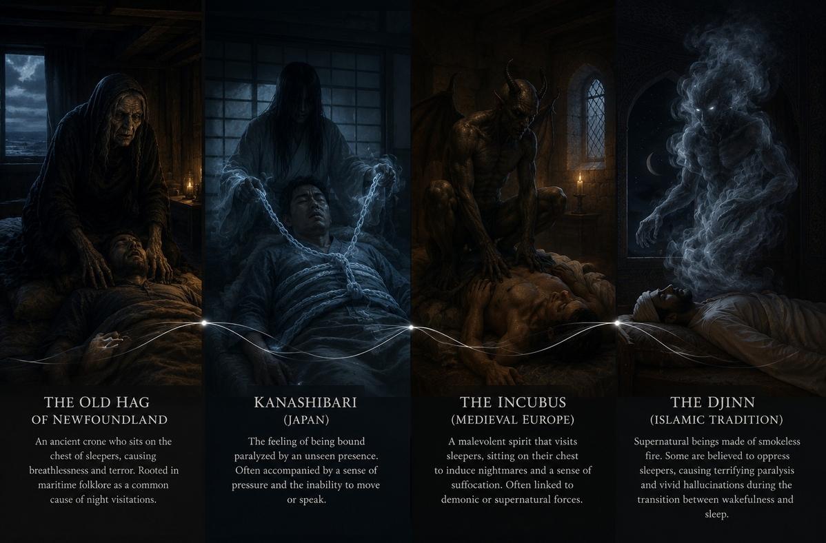 Four-panel composition showing Old Hag, Kanashibari, Incubus, and Djinn connected by threads of light