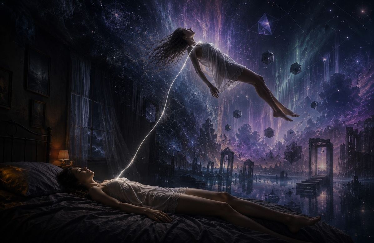 A figure floating above their sleeping body connected by a silver cord, room dissolving into dreamscape