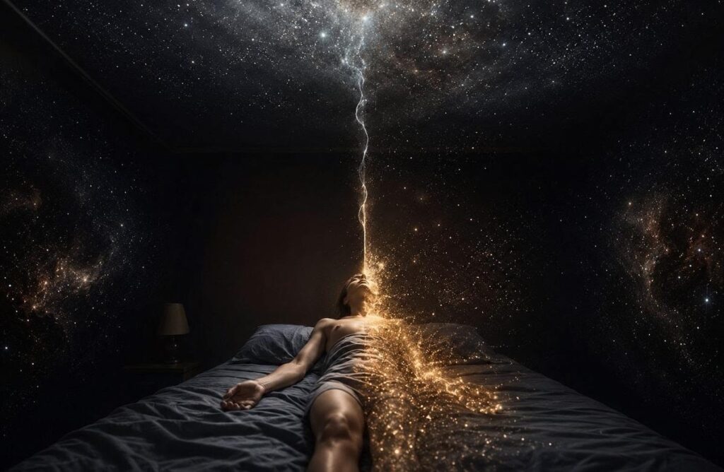 A figure on a bed half dissolving into golden particles with a silver thread to a star-filled ceiling.