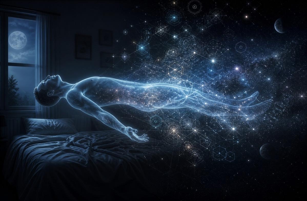 Figure floating between sleeping and waking realms with awareness intact