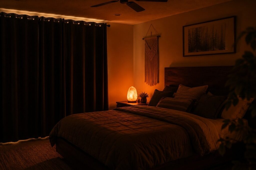 Bedroom with blackout curtains and Himalayan salt lamp providing warm amber light