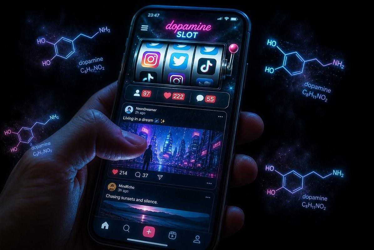 A smartphone screen displaying a slot machine interface with notification badges and infinite scroll, surrounded by glowing dopamine molecules