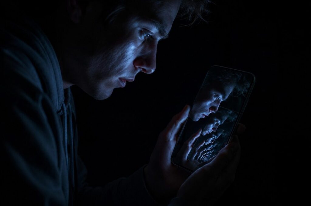 A person staring at a smartphone showing infinite reflections of their own face, representing dissociation from material reality.
