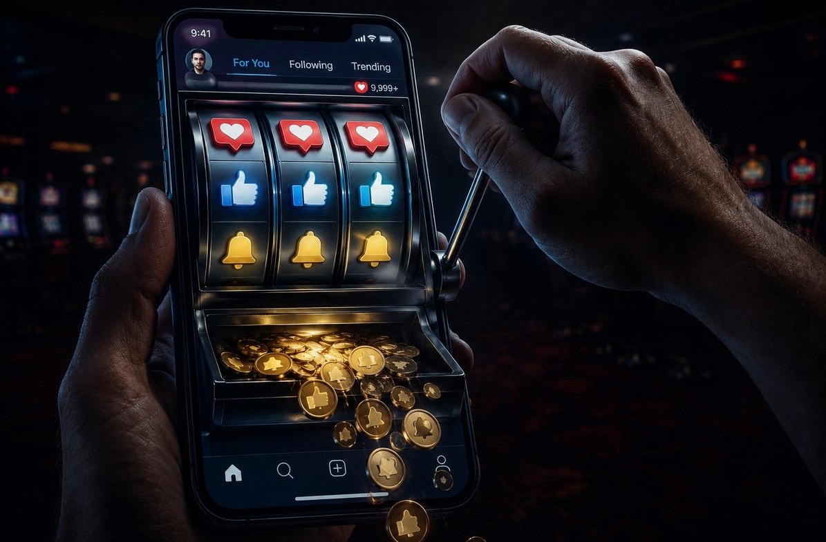 Surreal image of smartphone morphing into slot machine with social media coins cascading