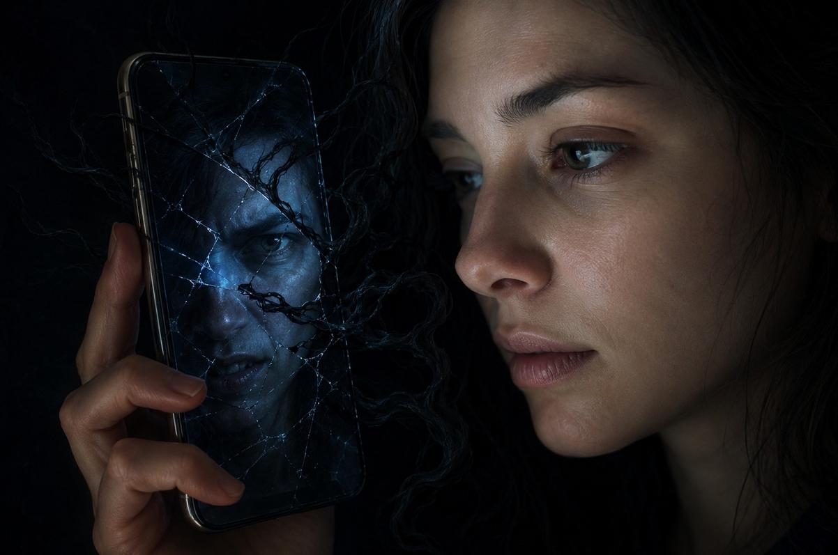 Smartphone with organic shadow tendrils extending into human brain visible through transparent skull