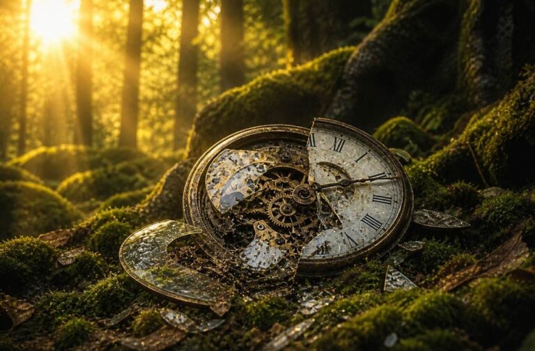 A smashed antique clock lying on moss in a forest with golden light streaming through trees onto broken gears, representing liberation from chronos