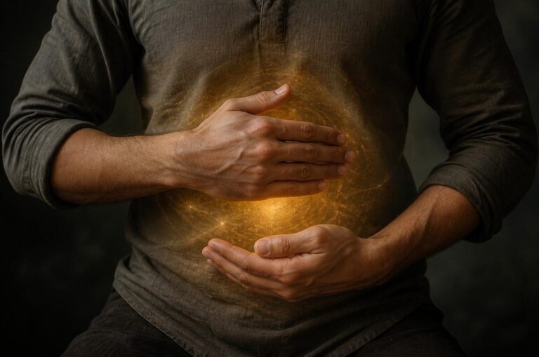 A close-up photograph of a person's torso with hands placed over the solar plexus area, surrounded by a faint golden aura effect suggesting energetic shielding