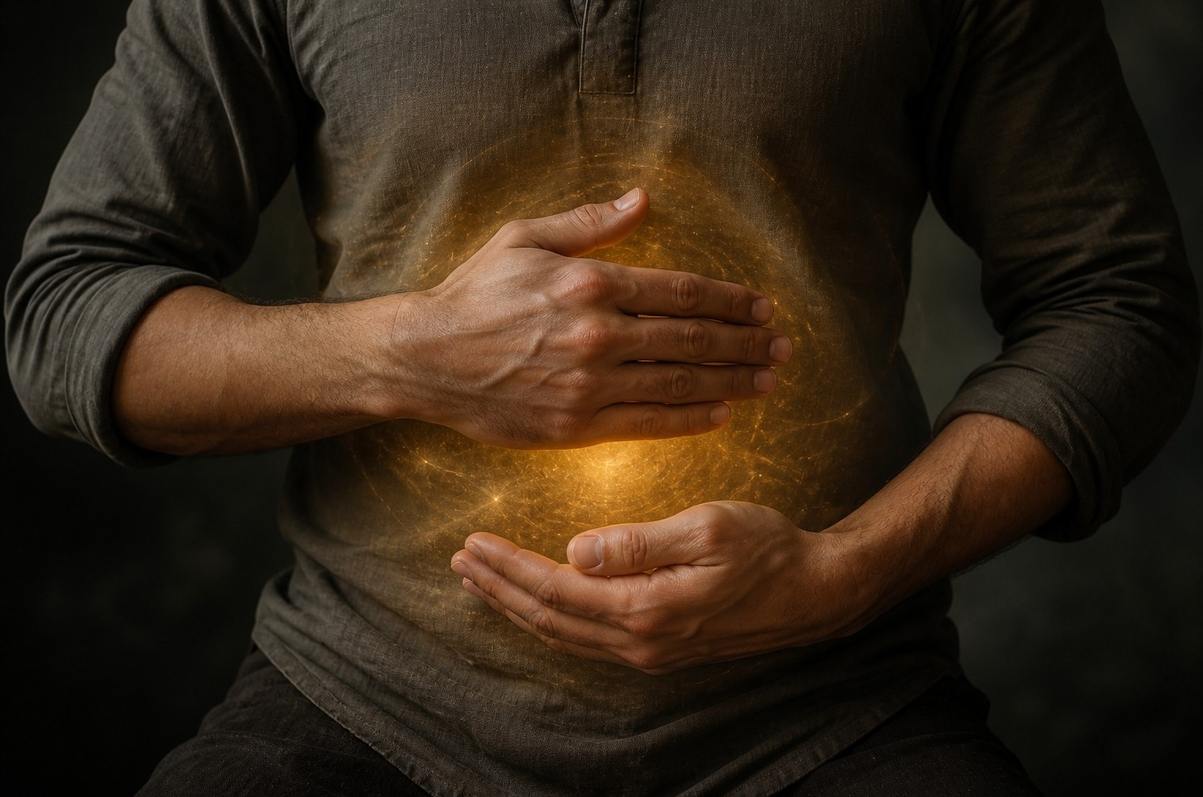 A close-up photograph of a person's torso with hands placed over the solar plexus area, surrounded by a faint golden aura effect suggesting energetic shielding