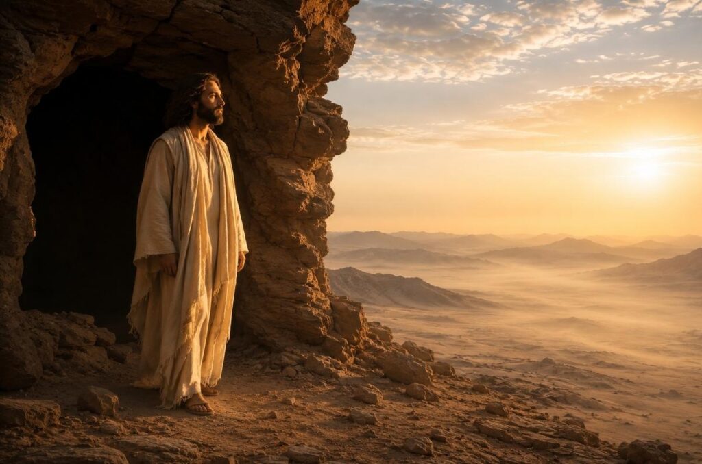 A solitary figure emerging from a desert cave at dawn, face serene and clarified