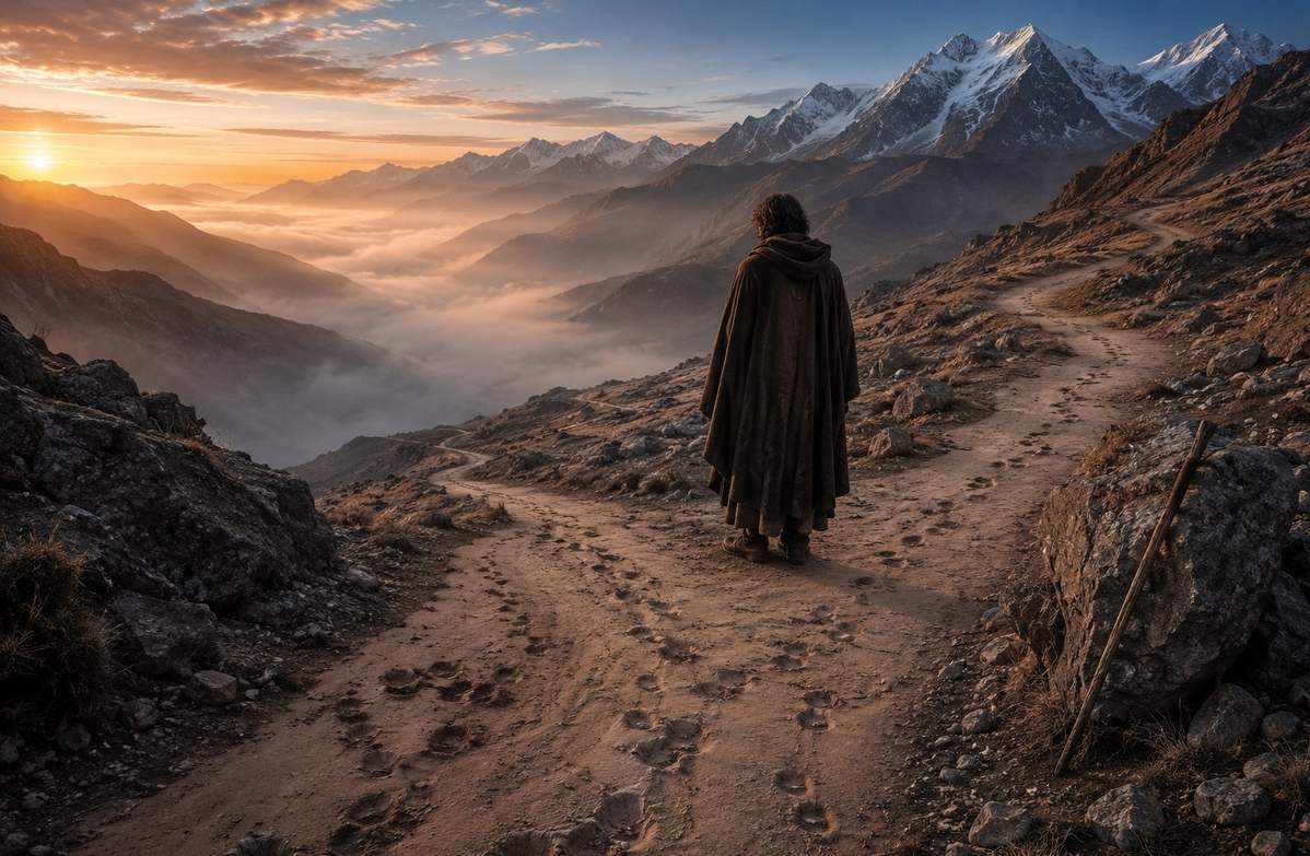 Solitary figure walking a winding mountain path with visible footprints showing wrong turns and corrections