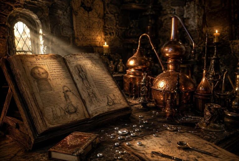 A candlelit medieval scriptorium with alchemical manuscripts and copper distillation apparatus on a wooden table.