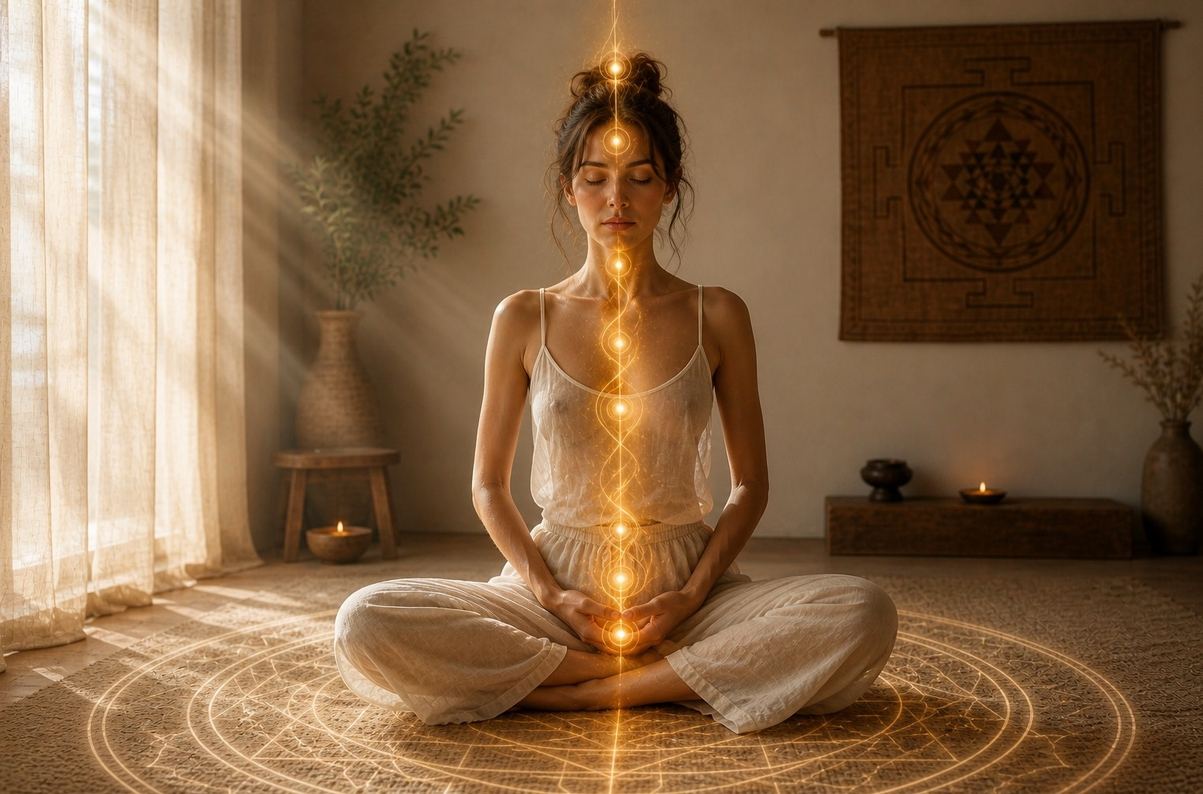 Practitioner seated in meditation developing somatic awareness of energetic flow