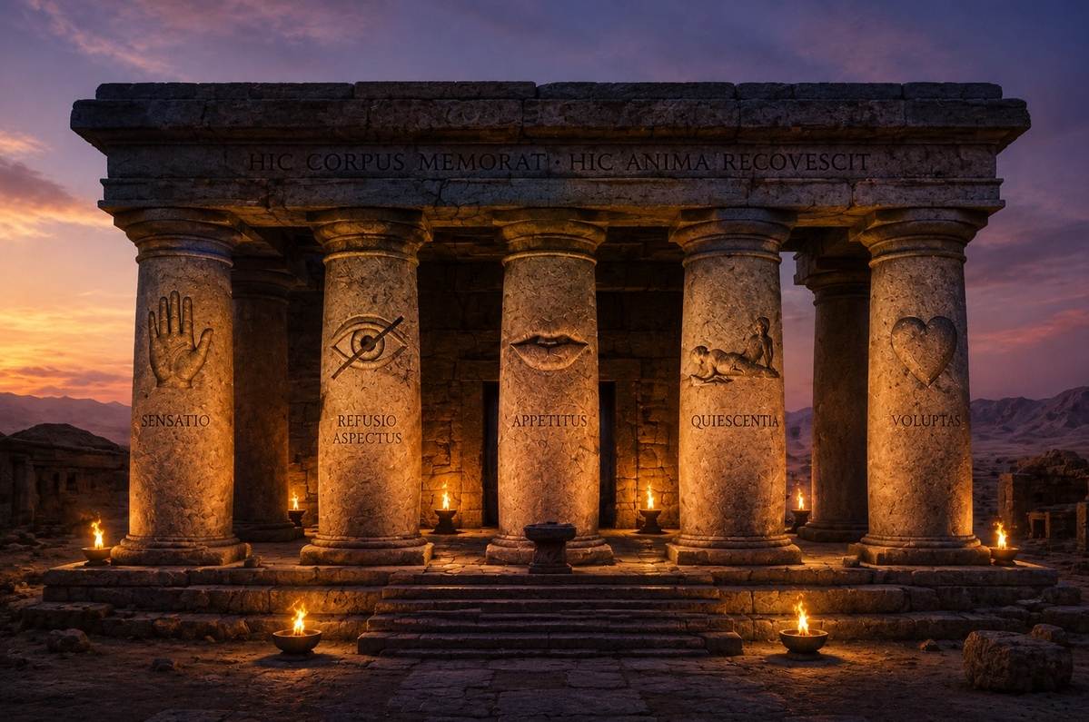 Ancient temple with five pillars each representing a somatic reclamation practice, body as sacred architecture