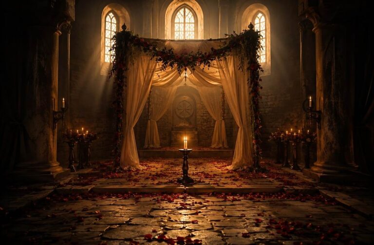 A dimly lit sacred chamber with two merging candle flames, rose petals, and a bridal canopy in golden light.