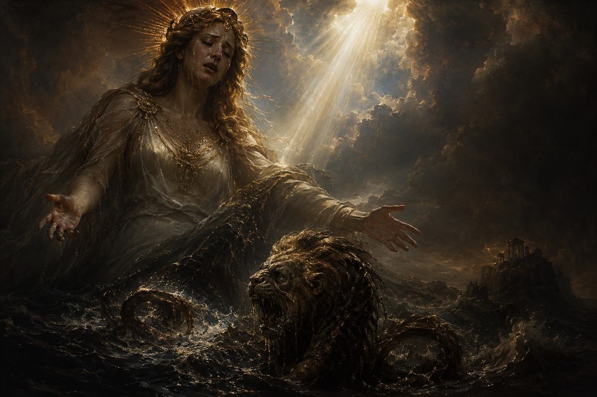 A radiant divine woman weeping, her shadow falling upon dark waters from which a lion-headed serpent emerges