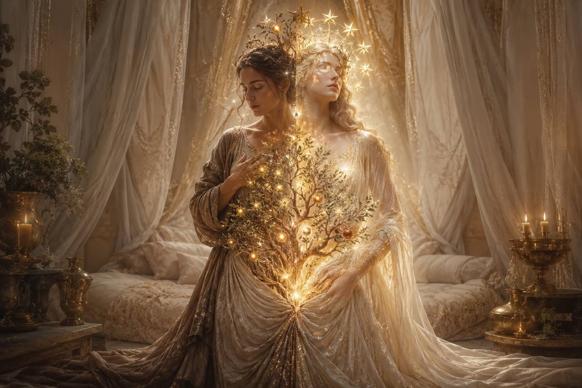 A woman and a divine feminine figure merging with a tree of life between them