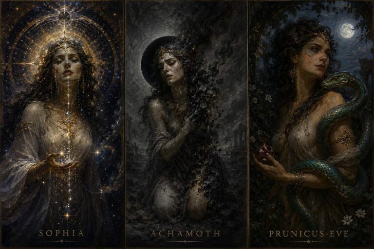 Triptych showing Sophia in three forms--celestial, sorrowful, and serpentine--representing Sethian, Valentinian, and Ophite traditions.