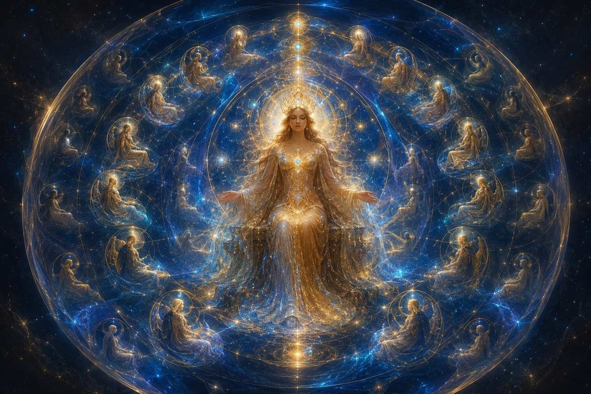 A luminous divine feminine figure seated within a vast sphere of gold and sapphire light