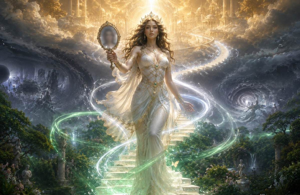 A restored divine feminine figure ascending a spiral staircase of light bridging three realms