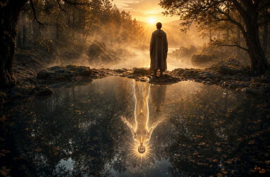 Solitary figure at a forest pool at dawn with radiant androgynous reflection crowned with light.