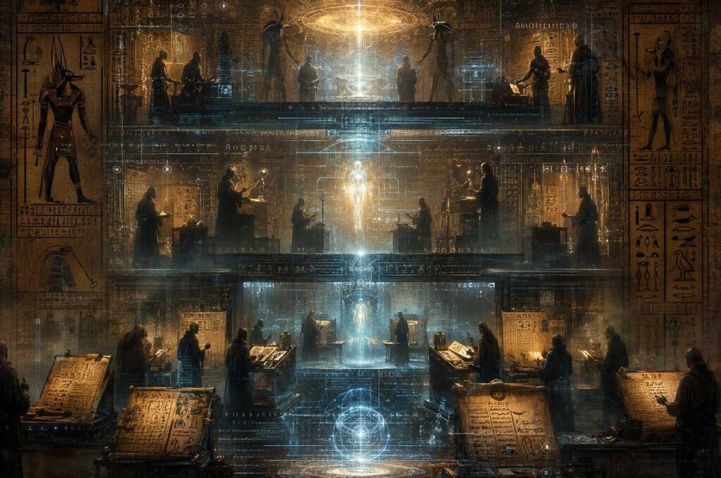 Ancient Egyptian funerary papyrus merged with digital grid lines and archontic symbols, soul ascending through cosmic bureaucracy