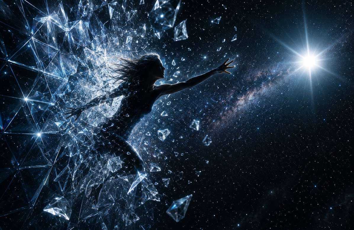 Human silhouette shattering crystalline grid barrier into open starfield