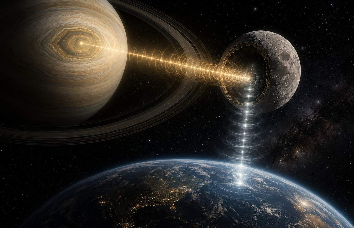 Saturn hexagonal storm emitting golden beams toward hollow Moon retransmitting to Earth