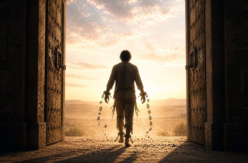 A solitary figure walking through an enormous stone doorway into bright misty light, chains falling from their wrists.
