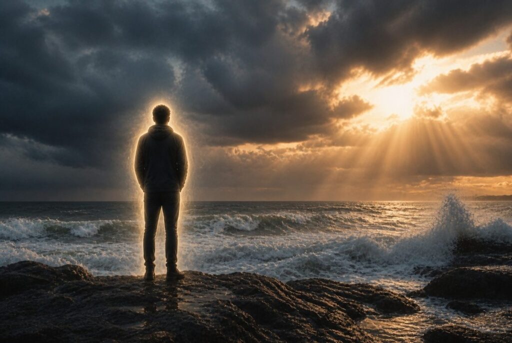 Human figure standing on rocky shoreline facing turbulent ocean, golden sunlight breaking through storm clouds, intact auric boundary glowing