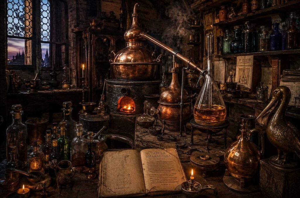 Renaissance alchemical laboratory with glowing retorts, furnaces, and symbolic apparatus, golden light emanating from a central alembic