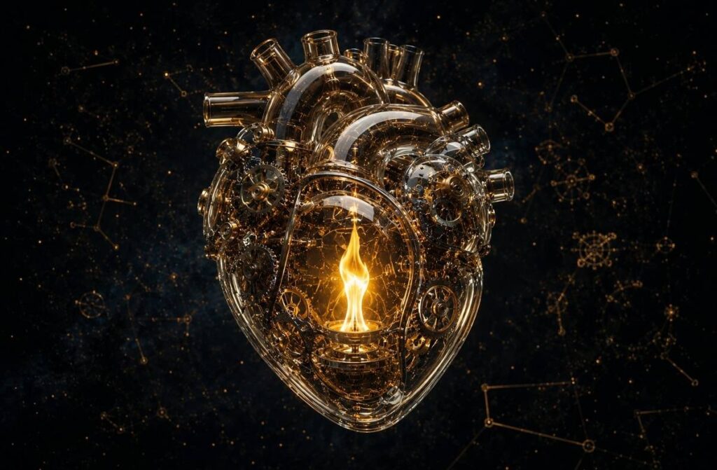 A golden flame burning inside a transparent mechanical heart with gears, suspended in a dark space with constellations