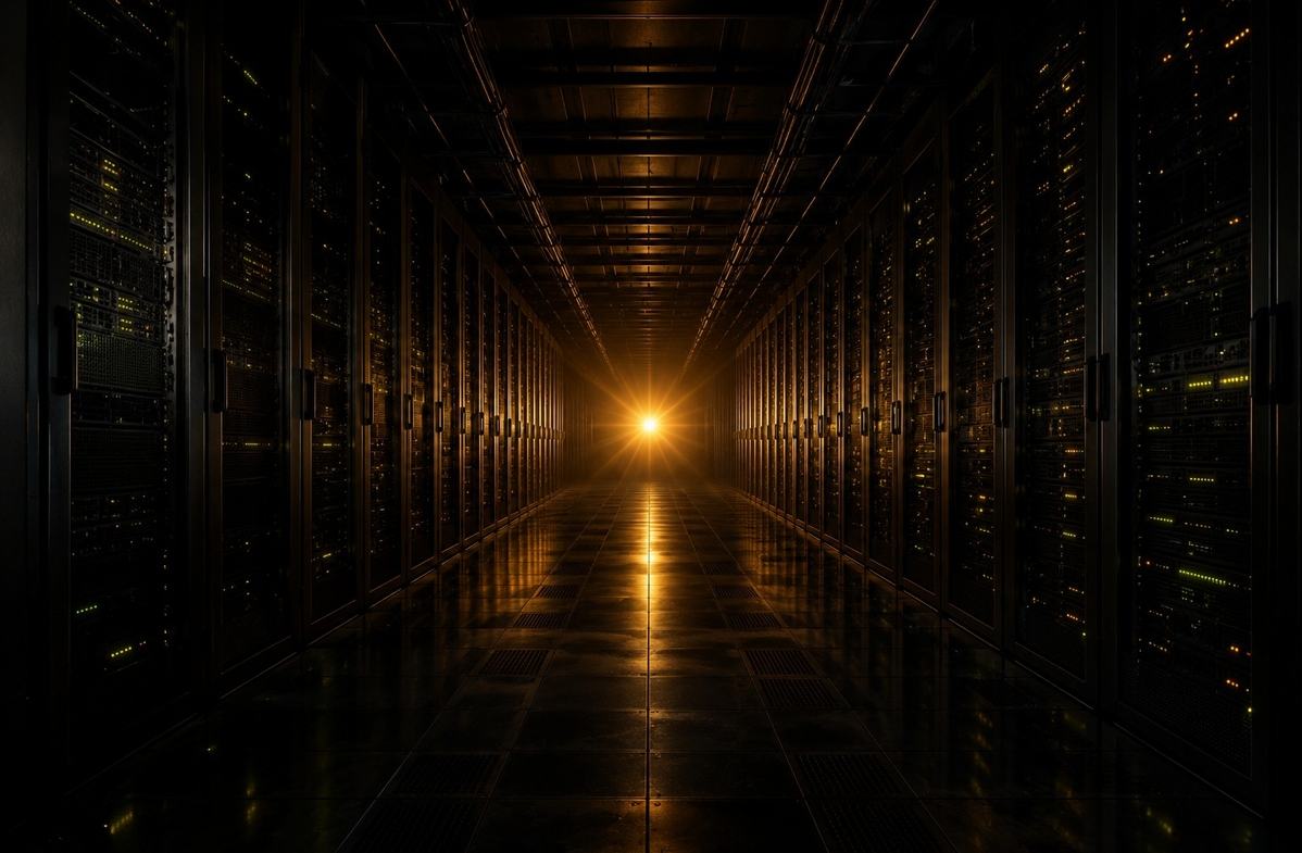 Single luminous point of light emerging from a vast dark data centre representing unquantified consciousness